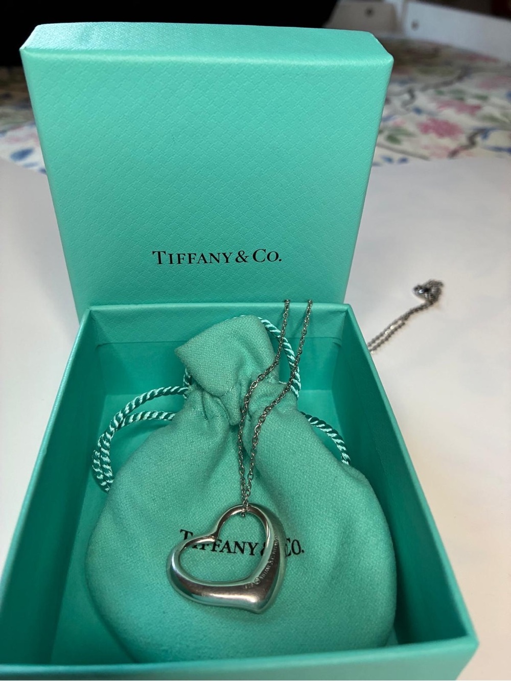 Tiffany & Co. Sterling Silver Heart Pendant Necklace with Teal Accents